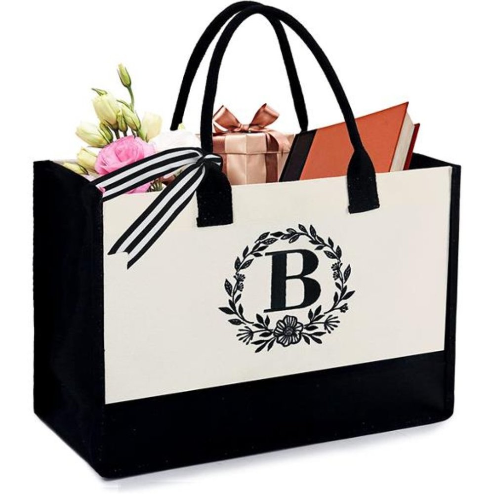 Initial Canvas Tote Bag with Zipper Pocket 13OZ Embroidery Monogrammed